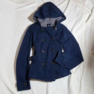 Gap Navy Hooded‎ Double Breasted Utility Jacket Size Small Casual Cotton Blend